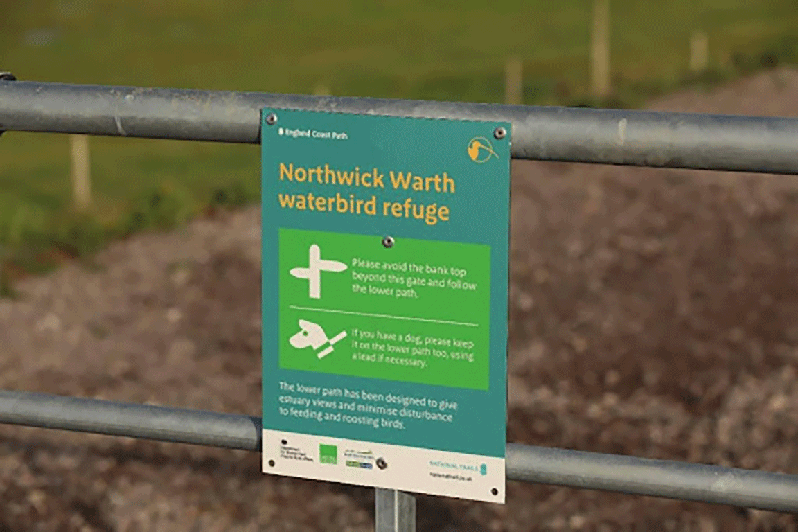Signage for users of the path at the Northwick Warth waterbird refuge